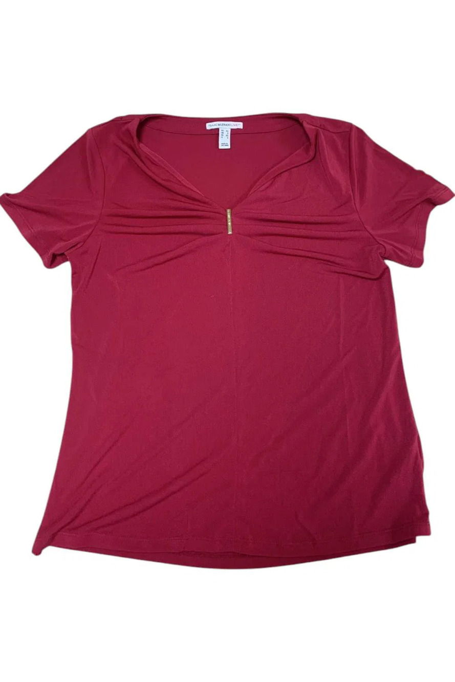 Isaac Mizrahi Live! Short Sleeve Top Pleated Neck Bright Ruby - Regular